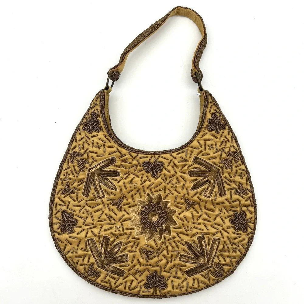 Vintage 90s Toni Women's Gold Bronze Beaded Sequined Floral Hobo Shoulder Bag